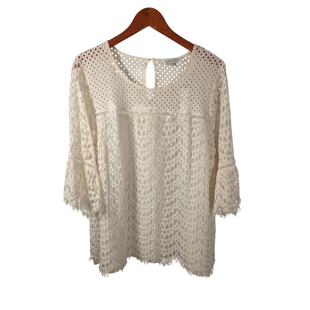 Rose + Olive Cottagecore Romantic White Lace Boho Eyelet Bell Sleeve 2X Women
